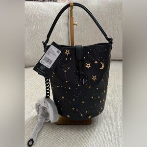 Rebecca Minkoff Edie Celestial Bucket Bag Black Gold Stars Moon Studded NWT